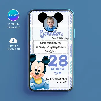 Editable Mickey Birthday Digital Invitation Canva